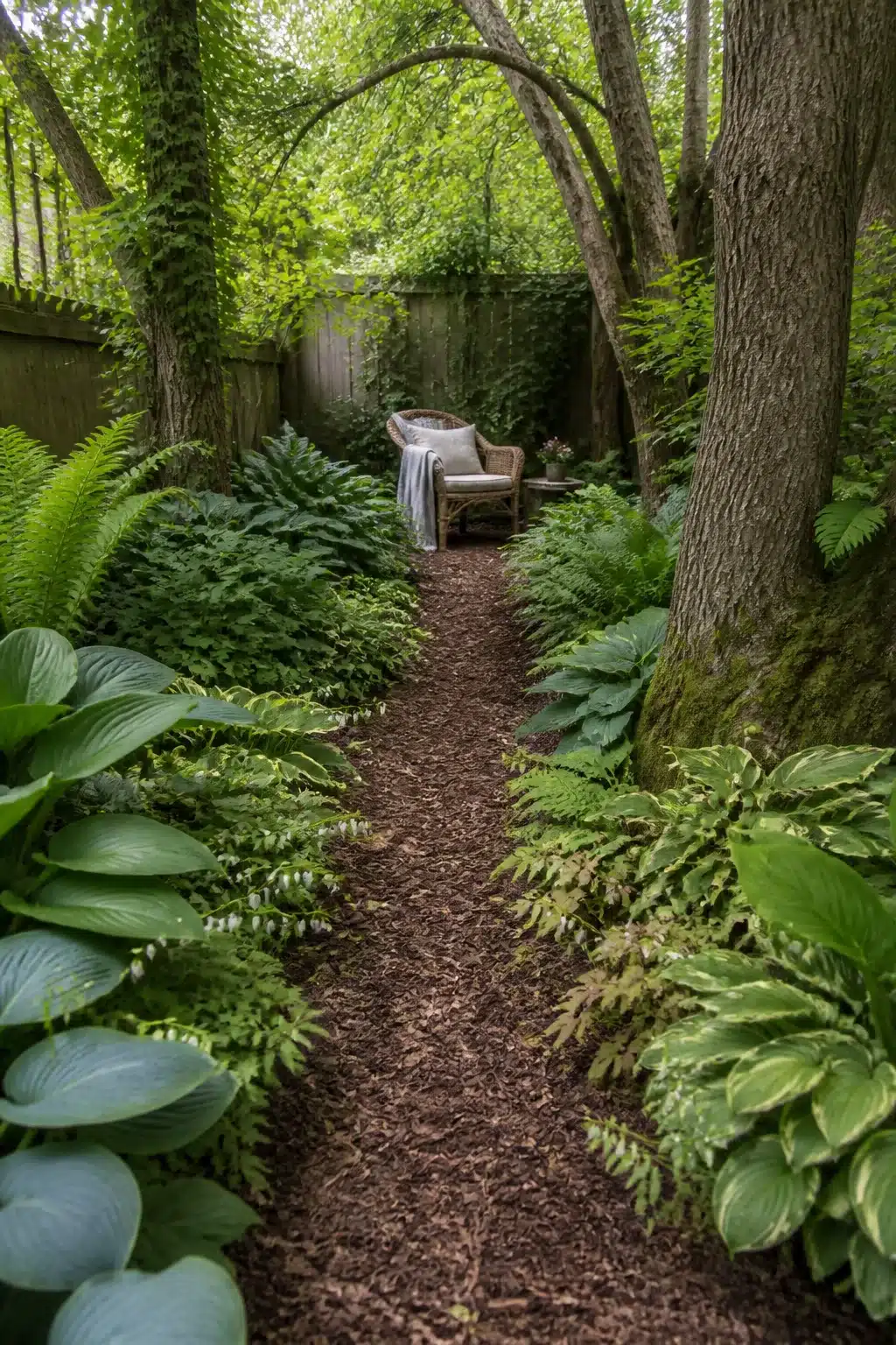 Bark mulch path through hostas and ferns in a small woodland garden with a wicker chair at the end.