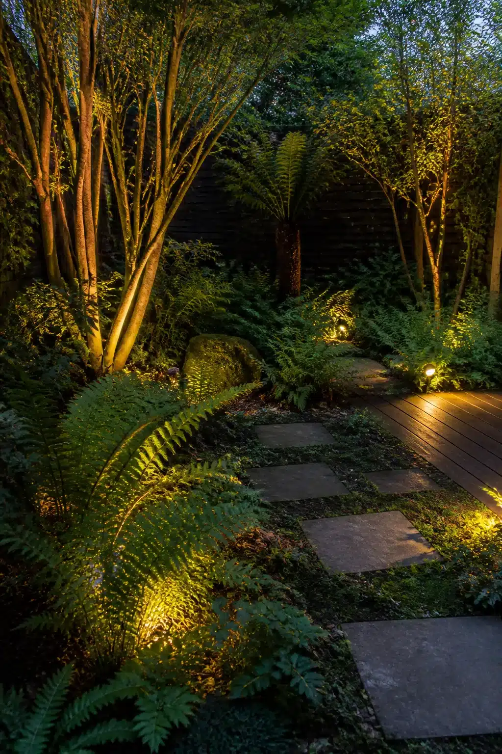 Woodland garden for small gardens at night with slate stepping stones, ferns, and warm uplighting through tree canopy.