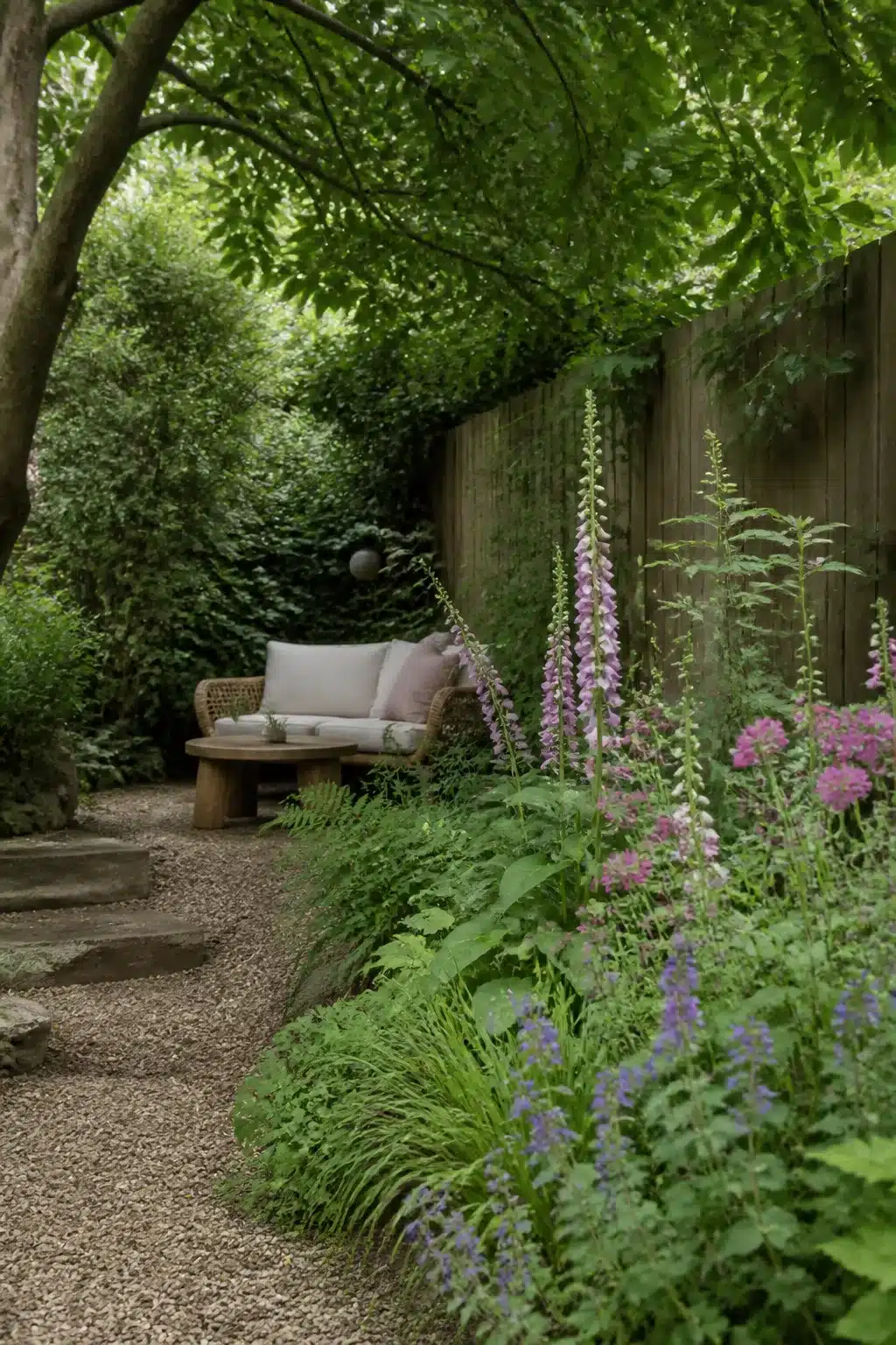 Gravel path with foxgloves and catmint border leading to a shaded bench — woodland garden idea for small gardens.