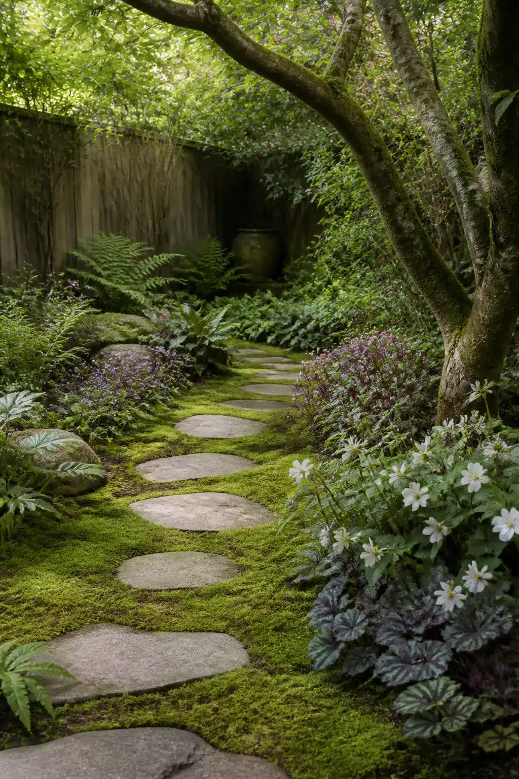 Moss and stepping stone path in a shaded woodland garden for small gardens with naturalistic planting