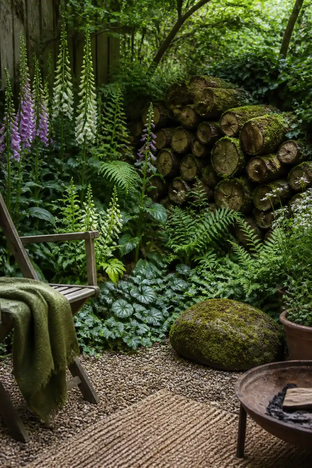 Woodland garden for small gardens with foxgloves, ferns, log pile feature, gravel seating area and fire pit.