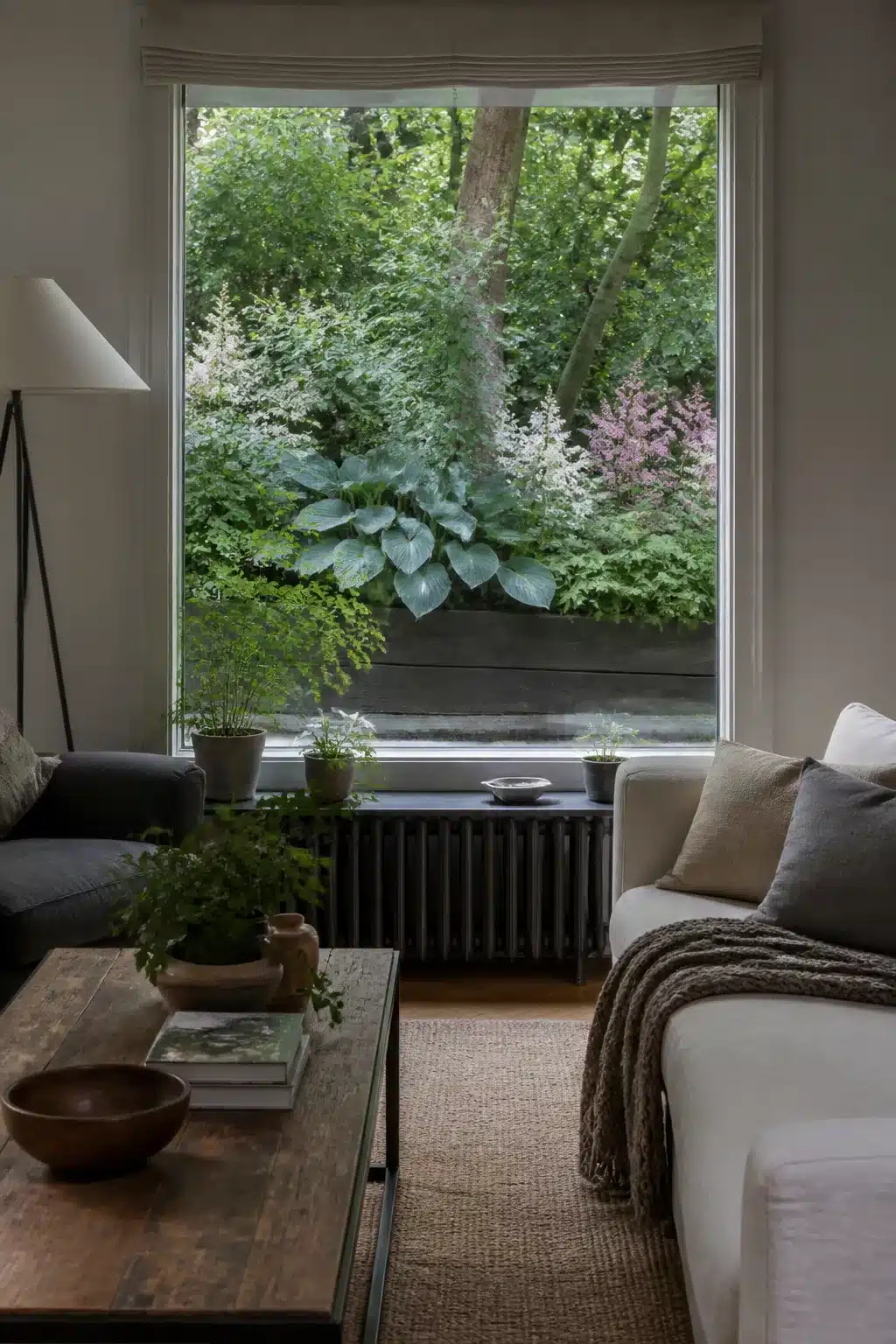 Shade woodland garden for small gardens with hostas and pink astilbe viewed through a large living room window.