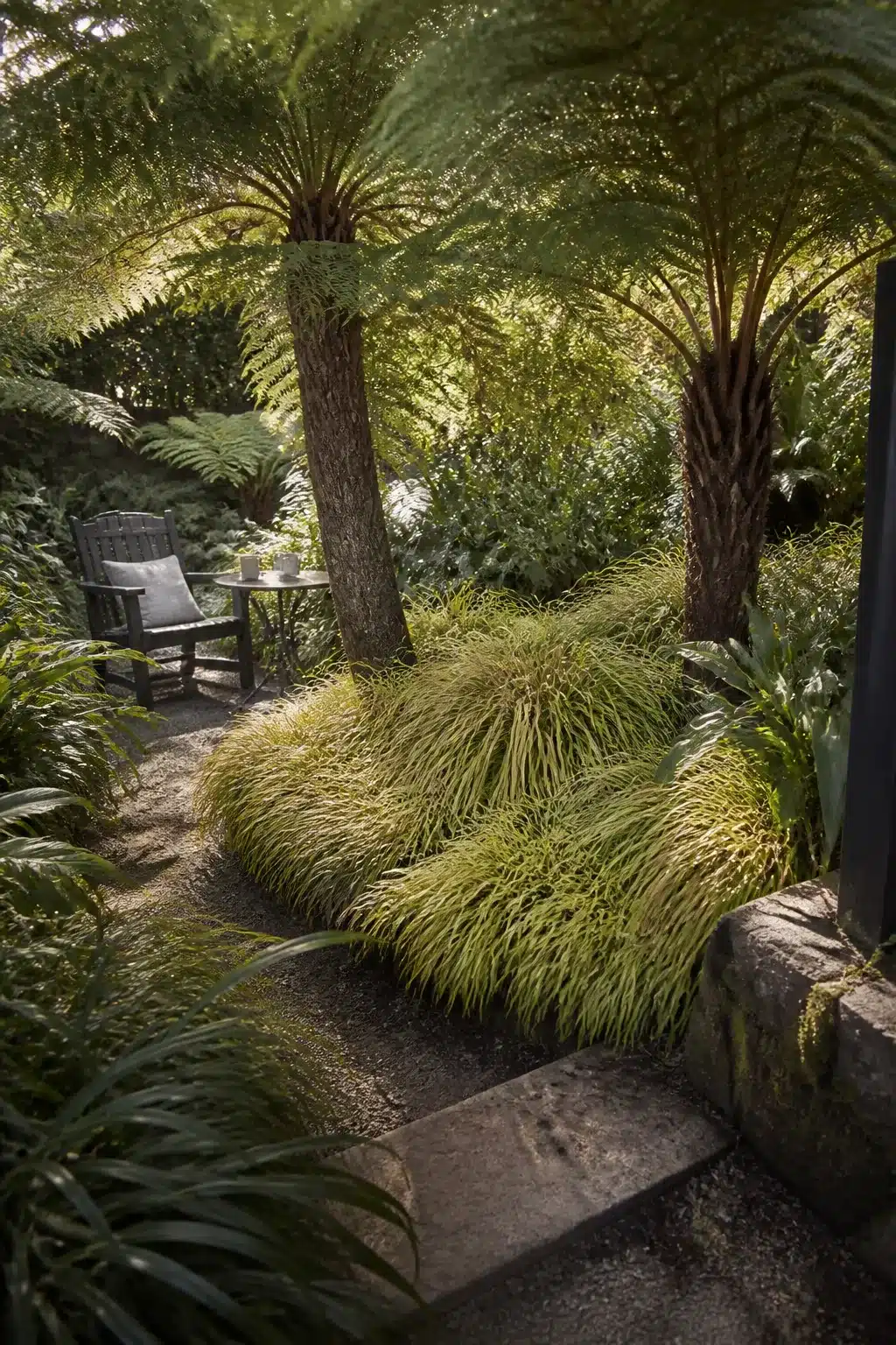 Japanese forest grass mounds under tree ferns in a small woodland garden — naturalistic planting idea