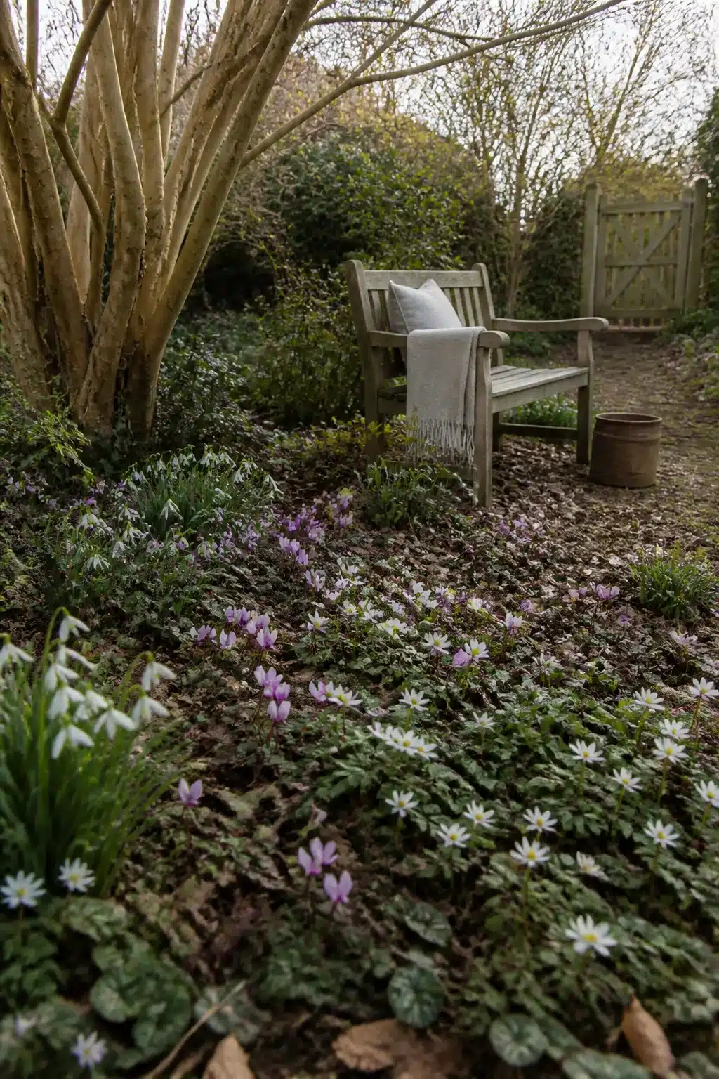 Spring bulb woodland carpet with cyclamen and anemone — woodland garden idea for small gardens
