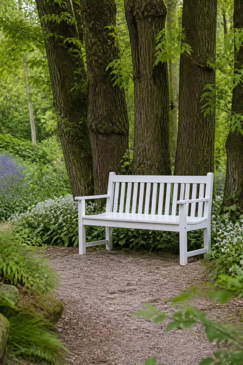 White painted garden bench on a gravel path between dark tree trunks — woodland gardens with benches idea