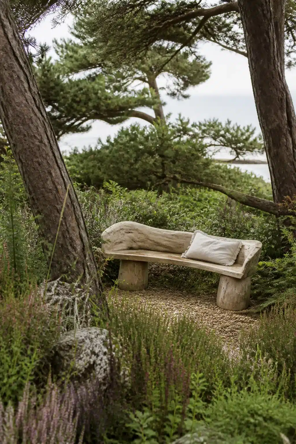 Driftwood bench surrounded by heather and coastal pines — woodland gardens with benches inspo