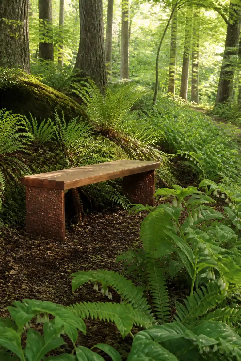 Hammered copper-legged bench surrounded by ferns and moss in a shaded woodland garden with tall trees.