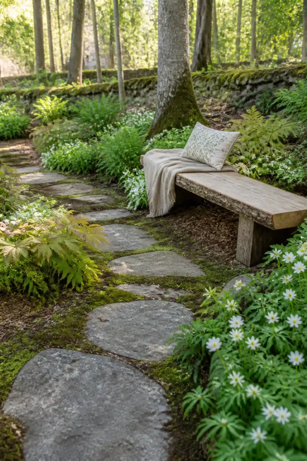 Plank bench at tree base with moss stepping stones in a woodland garden with benches and white anemones