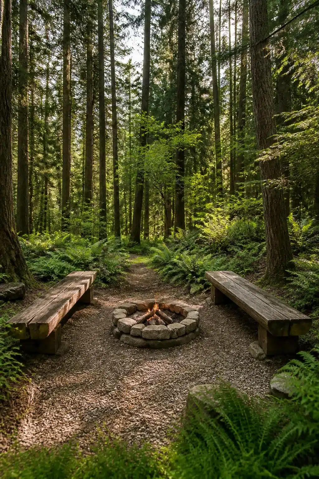 Woodland gardens with benches — two timber benches flanking a stone fire pit in a gravel forest clearing