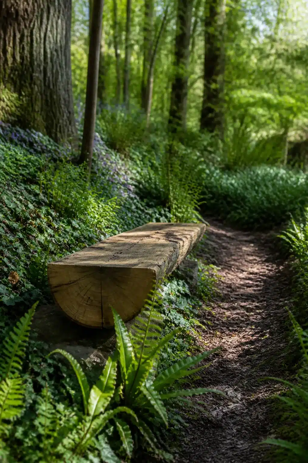 Half-log bench on a fern-lined dirt path in a woodland garden — woodland gardens with benches idea