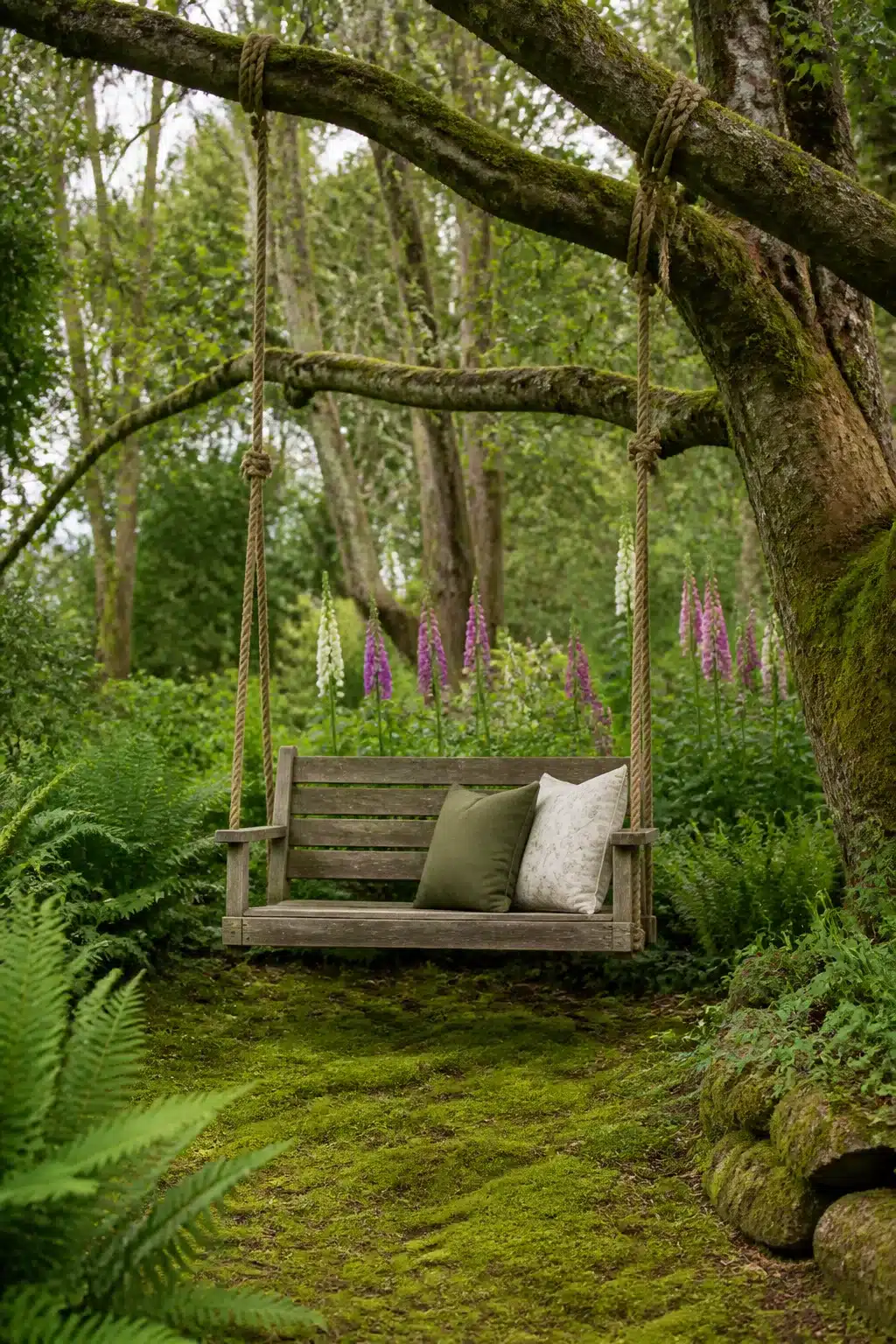 Rope-hung wooden swing bench in a woodland garden with foxgloves and ferns — woodland gardens with benches