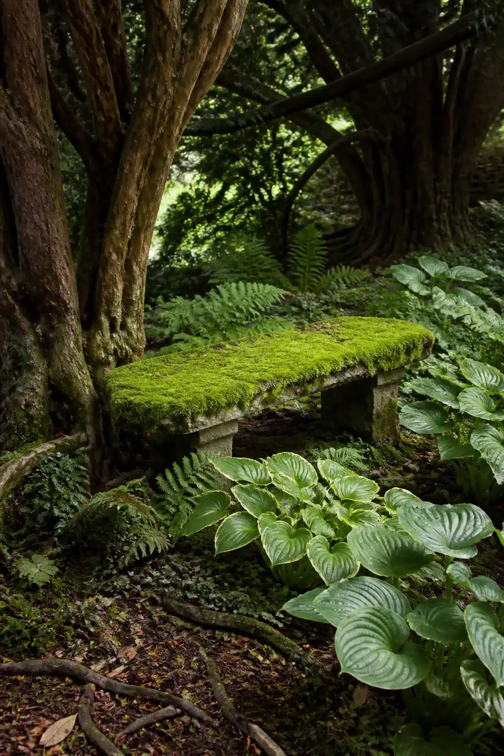 Moss-covered stone bench surrounded by hostas and ferns in a shaded woodland garden with gnarled trees — Woodland Gardens With Benches