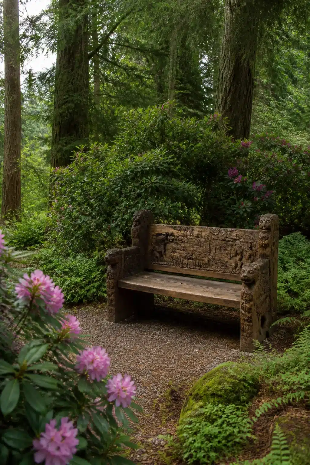 Carved wooden bench in a gravel clearing with pink rhododendrons and tall conifers — woodland gardens with benches