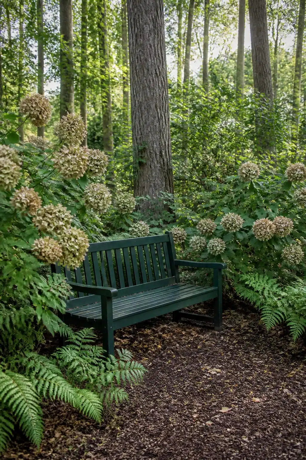 Dark green painted bench surrounded by fading hydrangea globes and ferns in a woodland garden with bench seating