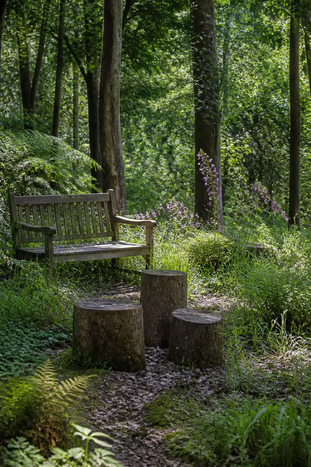 Weathered wooden bench with tree stump cluster seating in a dappled woodland garden — Woodland Gardens With Benches