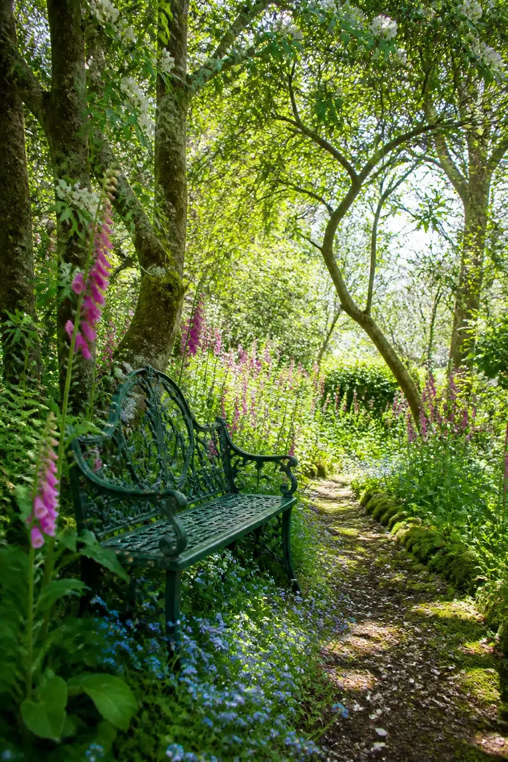Green cast iron bench surrounded by foxgloves and forget-me-nots in a woodland garden with benches