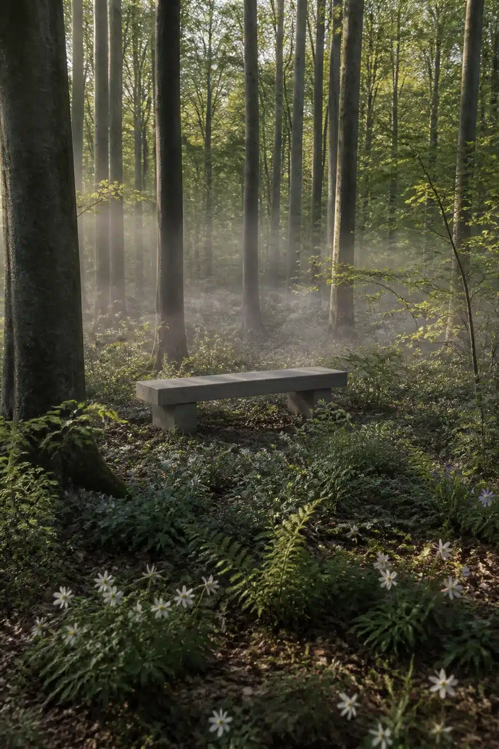 Concrete bench surrounded by ferns and wood anemones in a misty woodland garden with tall trees.