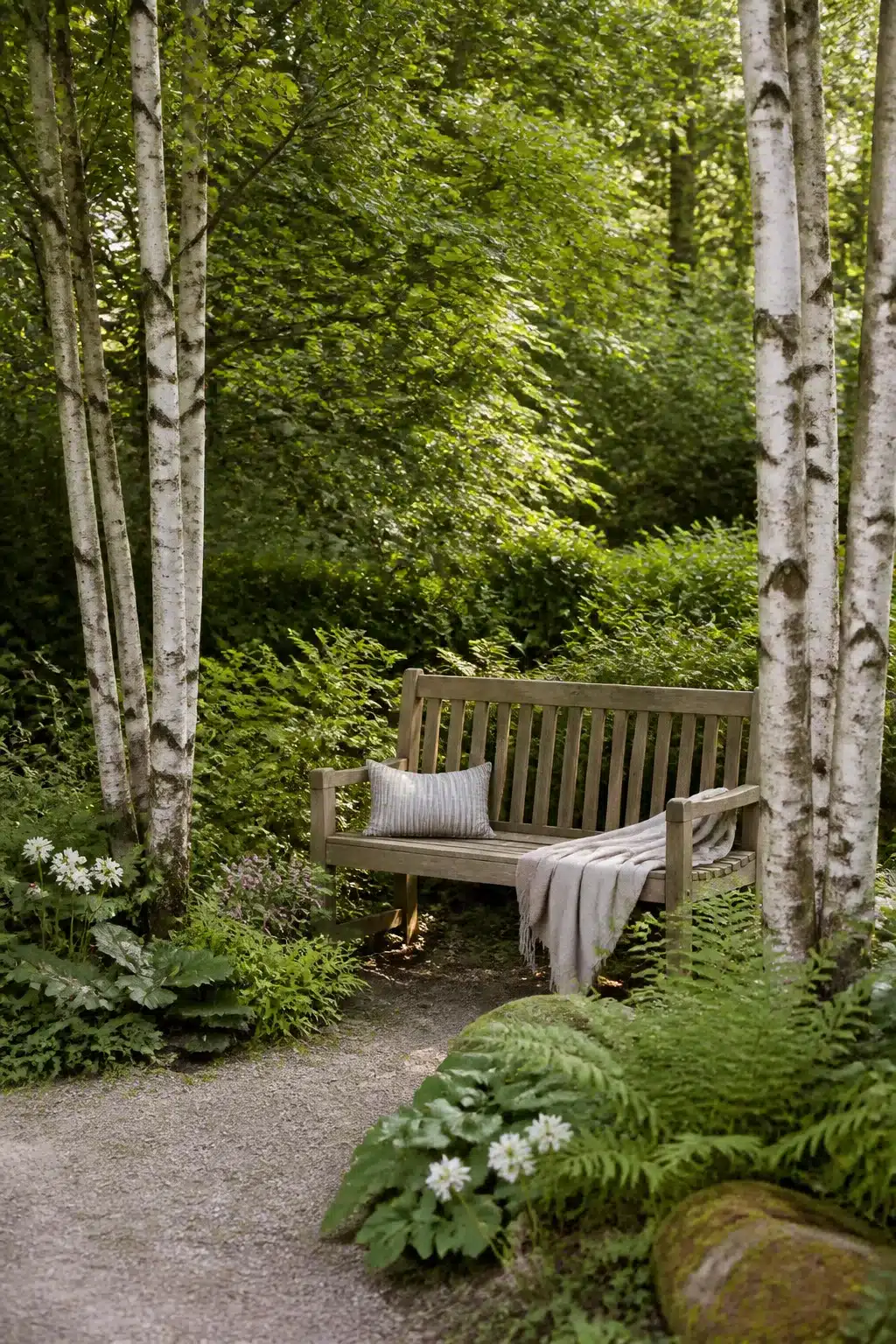 Weathered teak bench between silver birch trunks surrounded by ferns — woodland gardens with benches idea