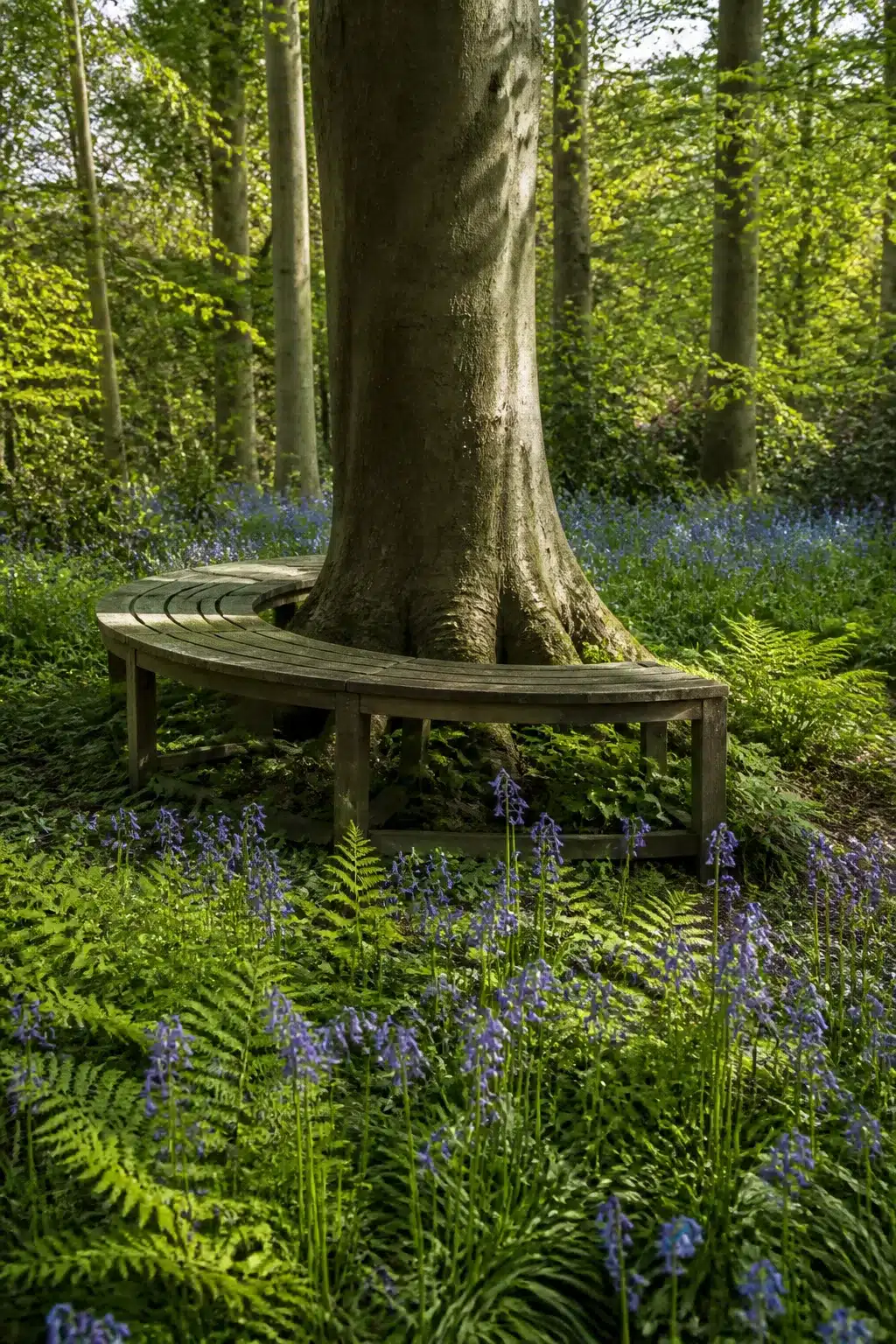 Curved wooden bench wrapped around a beech tree base surrounded by bluebells and ferns — woodland gardens with benches