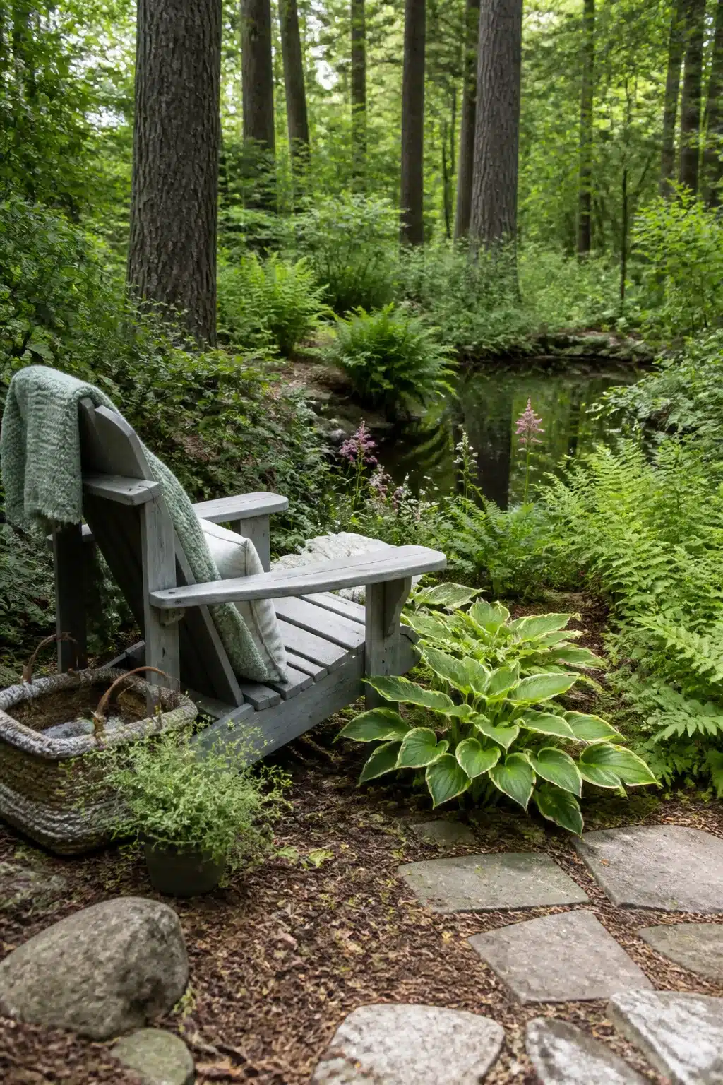 Gray Adirondack chair beside a woodland pond garden with hostas and ferns — woodland gardens with benches