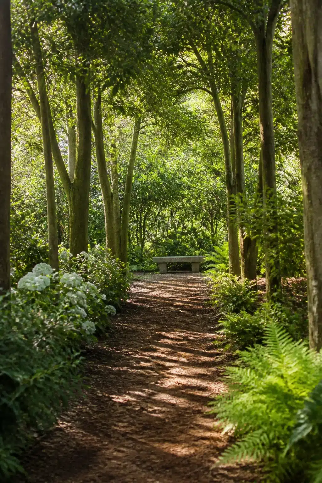 Stone bench at the end of a mulched woodland allée — woodland gardens with benches featuring hydrangeas and ferns
