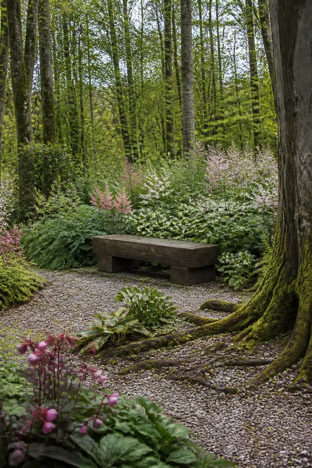 Reclaimed railway sleeper bench on gravel surrounded by astilbe in a woodland garden — Woodland Gardens With Benches