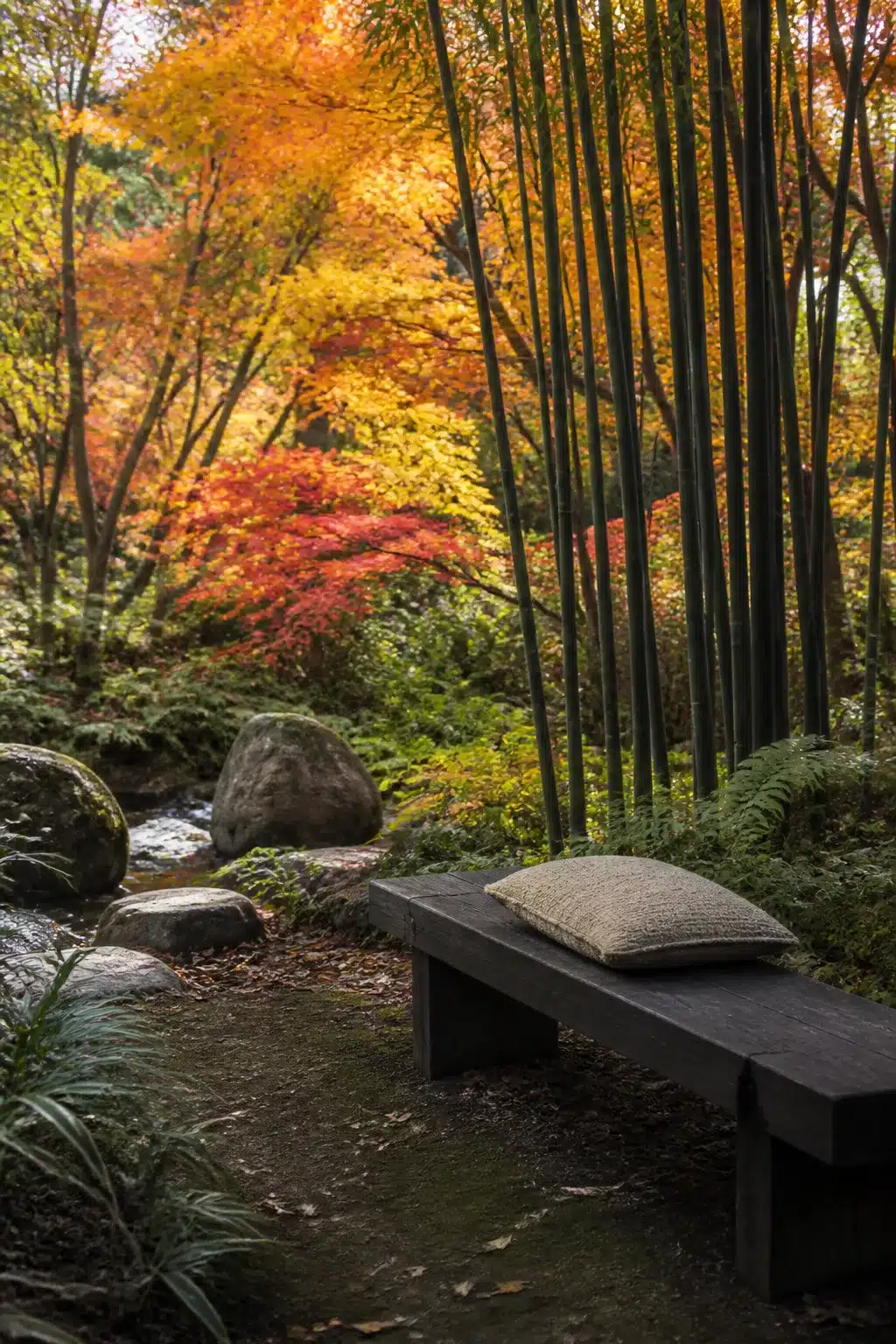 Dark timber bench beside bamboo and Japanese maples in a woodland garden with benches and a shallow stream.