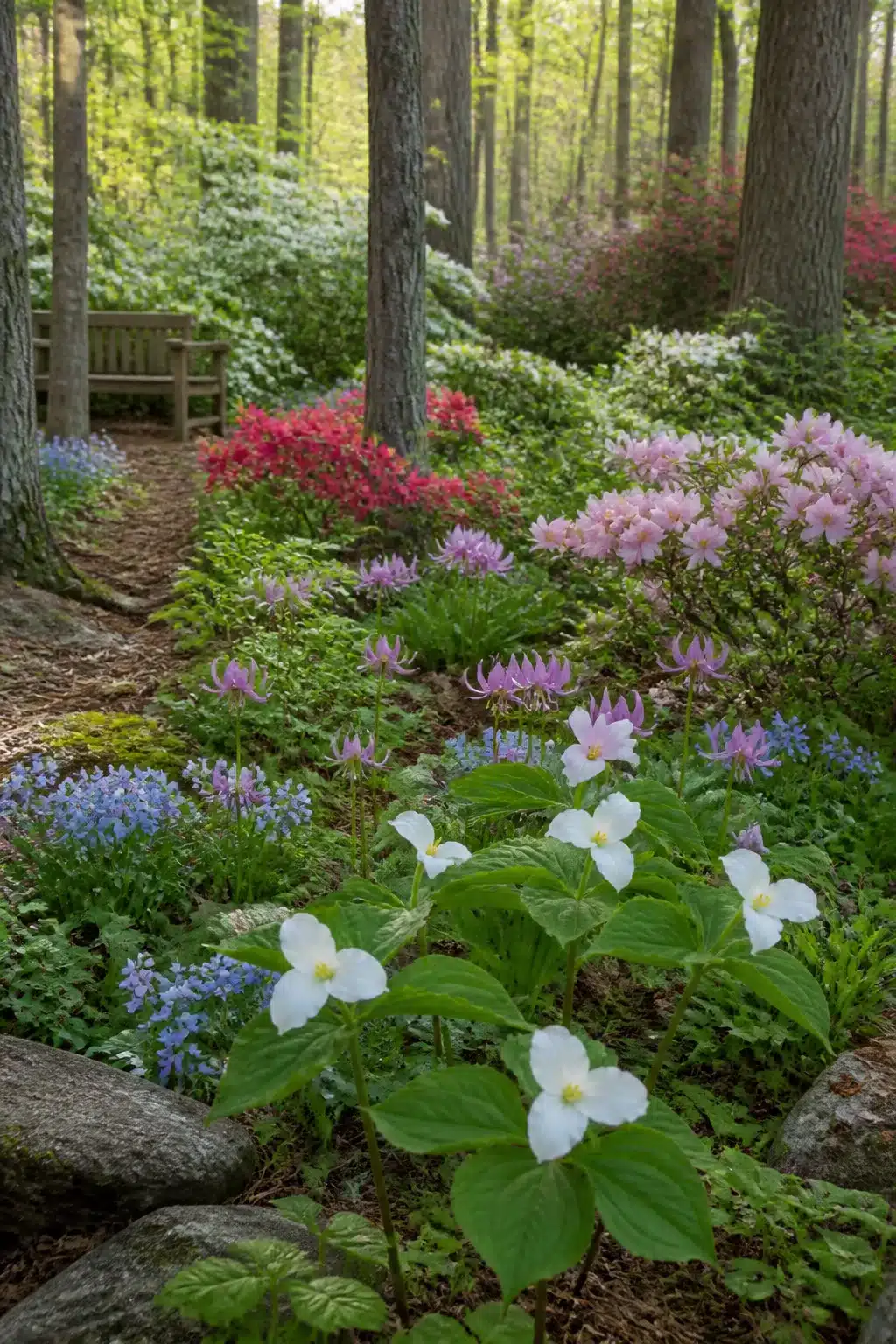 White trilliums and pink azaleas blooming in a pine woodland garden with colorful flowers and a bench.