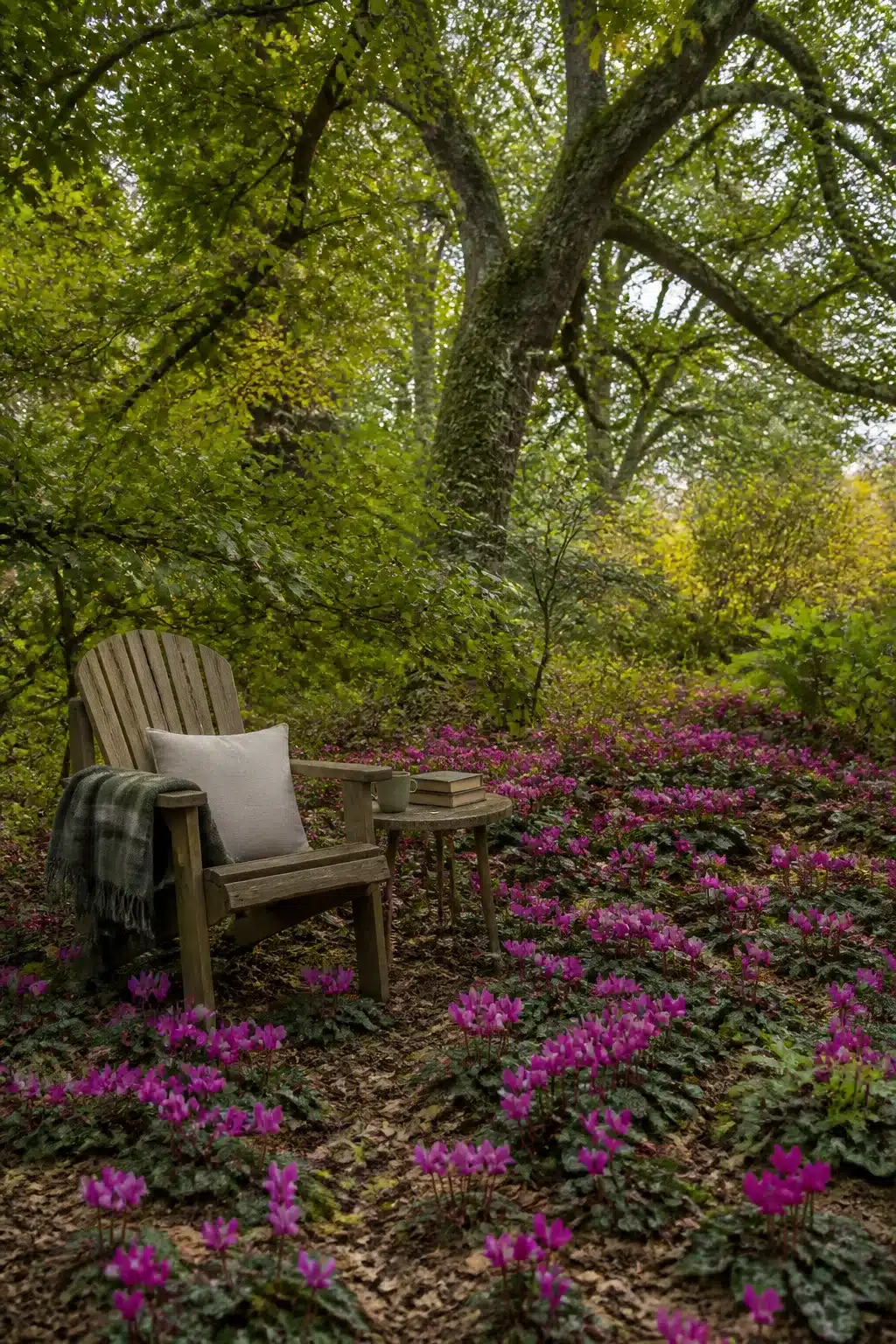 Magenta cyclamen carpet woodland garden with colorful flowers beneath oak trees and an Adirondack chair