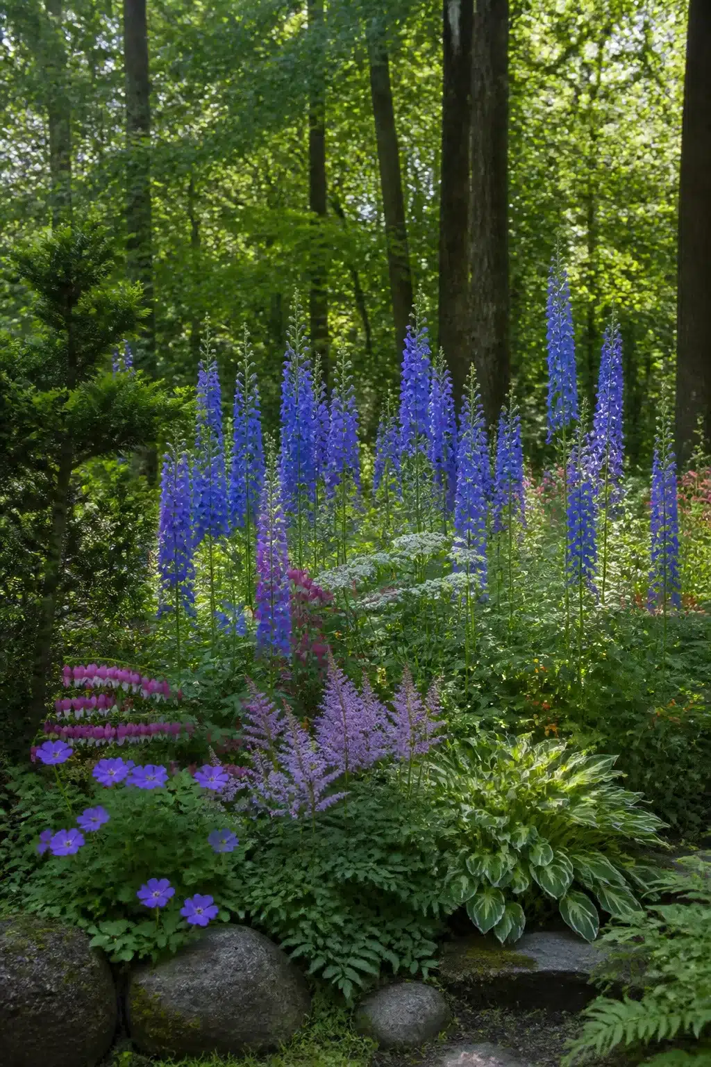 Tall blue delphiniums and pink astilbe in a woodland garden with colorful flowers and layered shade planting.