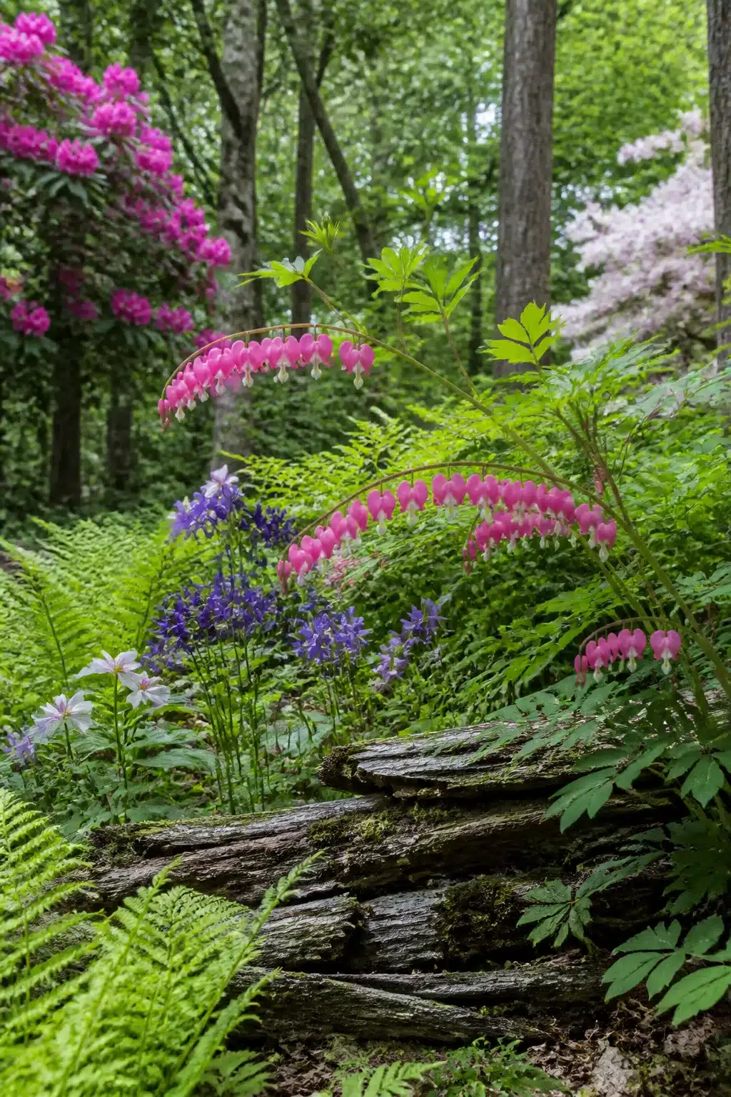 Pink bleeding heart arching over mossy log edging in a woodland garden with colorful flowers and ferns.