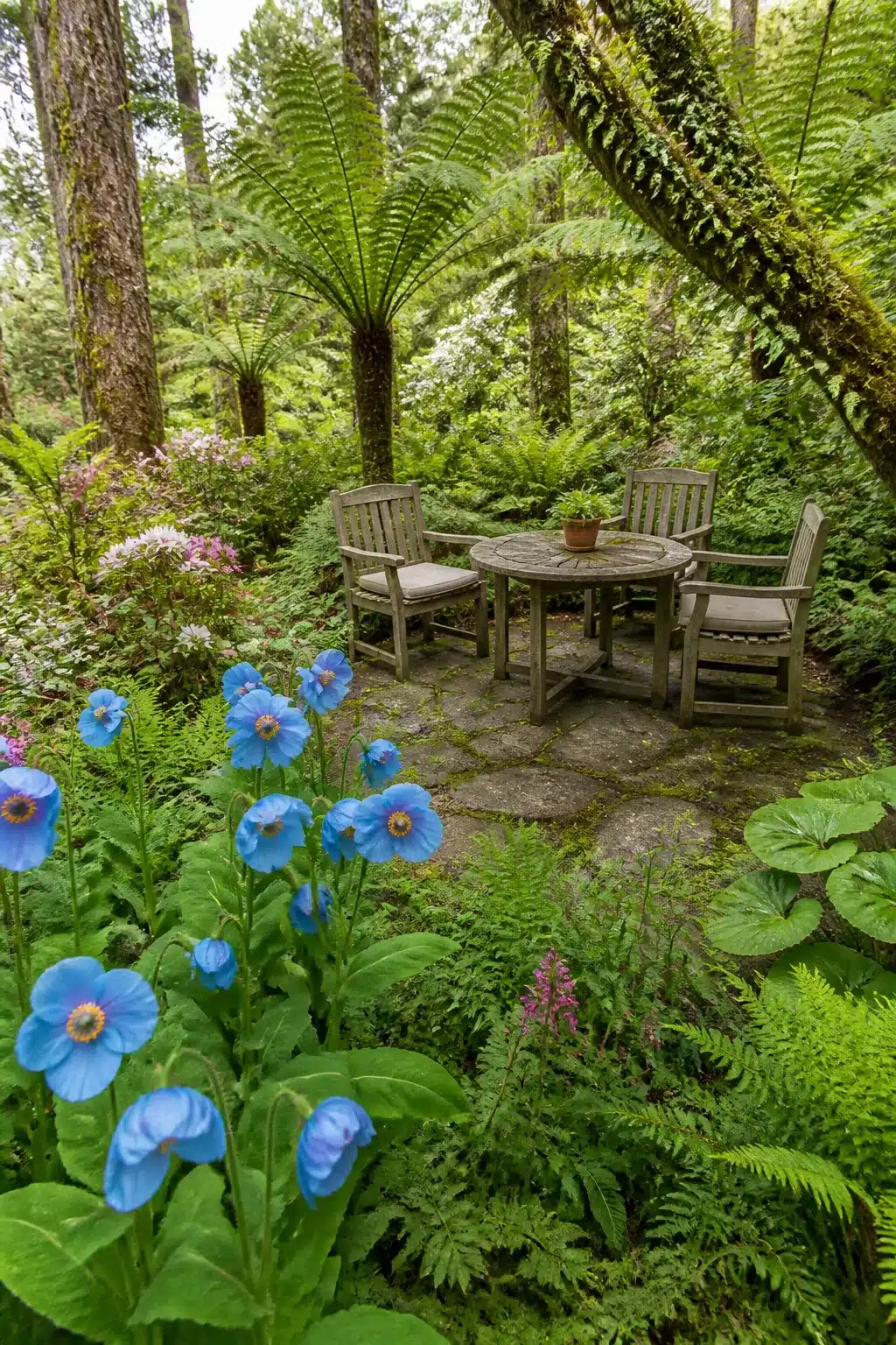 Blue meconopsis poppies and tree ferns in a woodland garden with colorful flowers and flagstone seating area