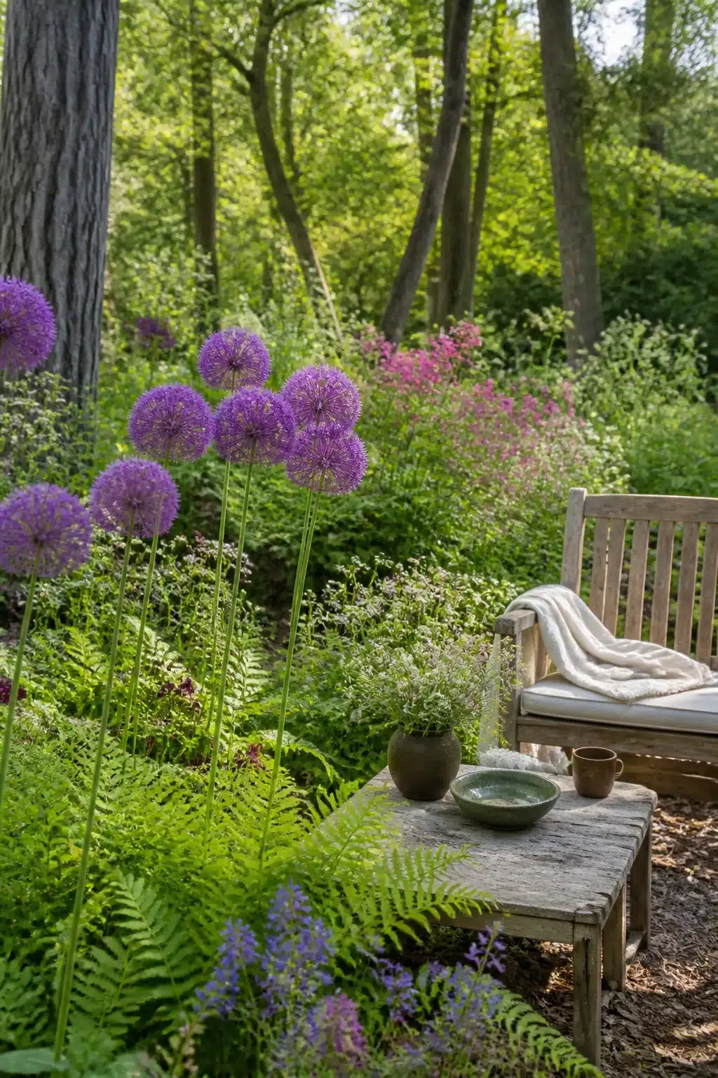 Purple allium globes rising above ferns in a colorful woodland garden with teak bench seating.