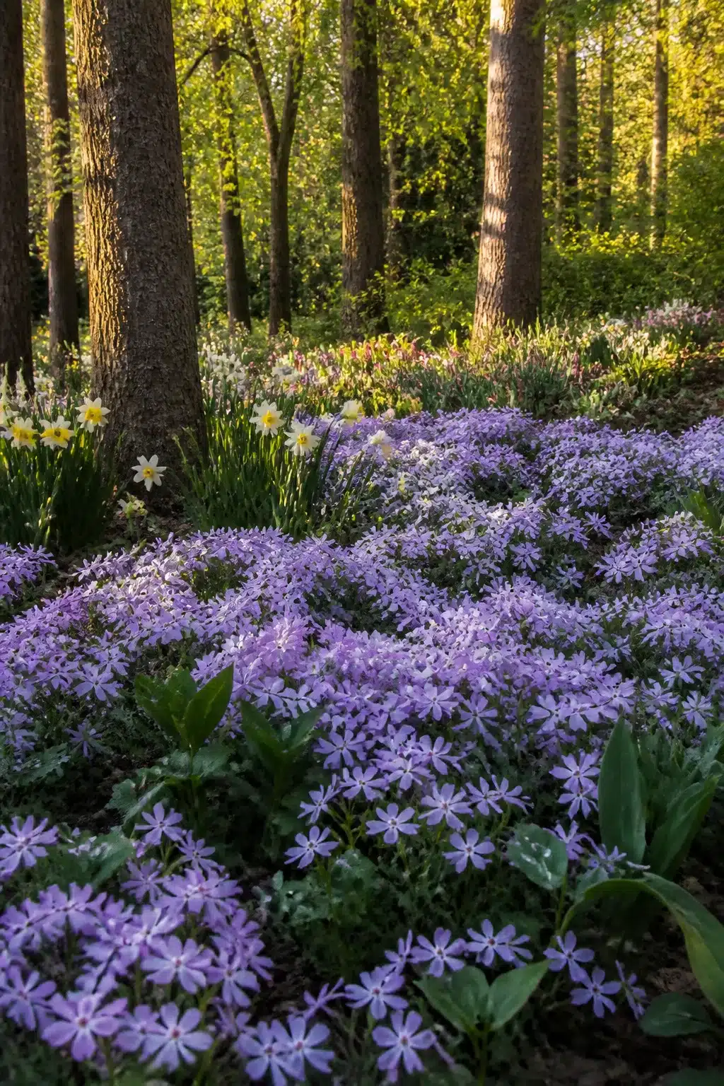 Lilac creeping phlox carpet with white daffodils in a woodland garden with colorful flowers in spring