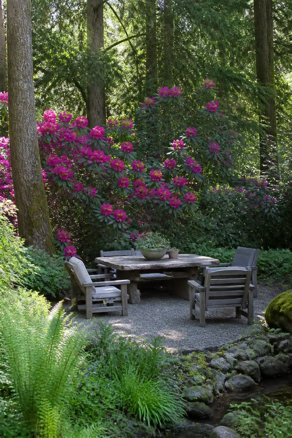 Hot pink rhododendrons behind a gravel woodland sitting area — woodland gardens with colorful flowers at their boldest.