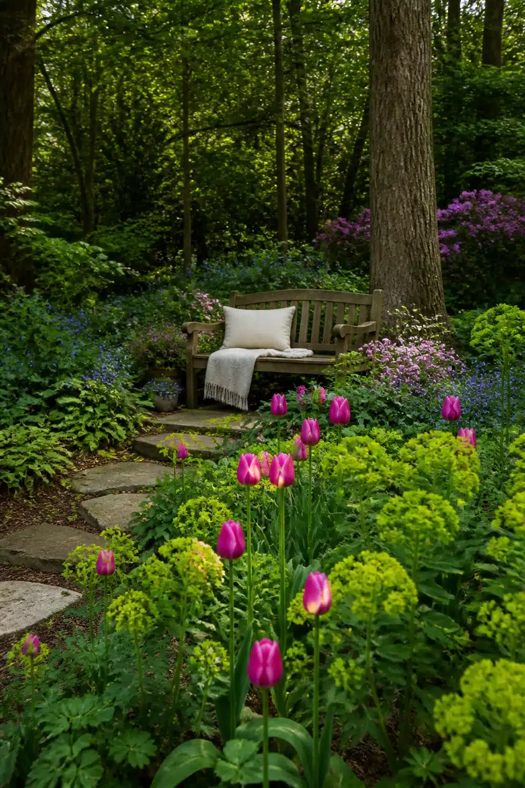 Chartreuse spurge and magenta tulips in a woodland garden with colorful flowers and a timber bench