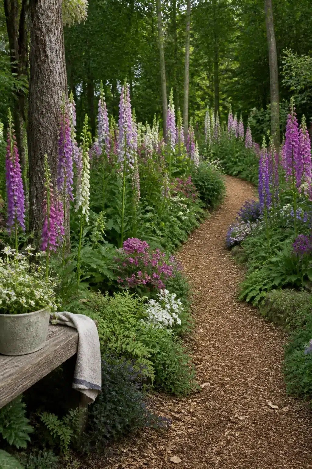 Purple and white foxglove drifts lining a bark chip path in a woodland garden with colorful flowers