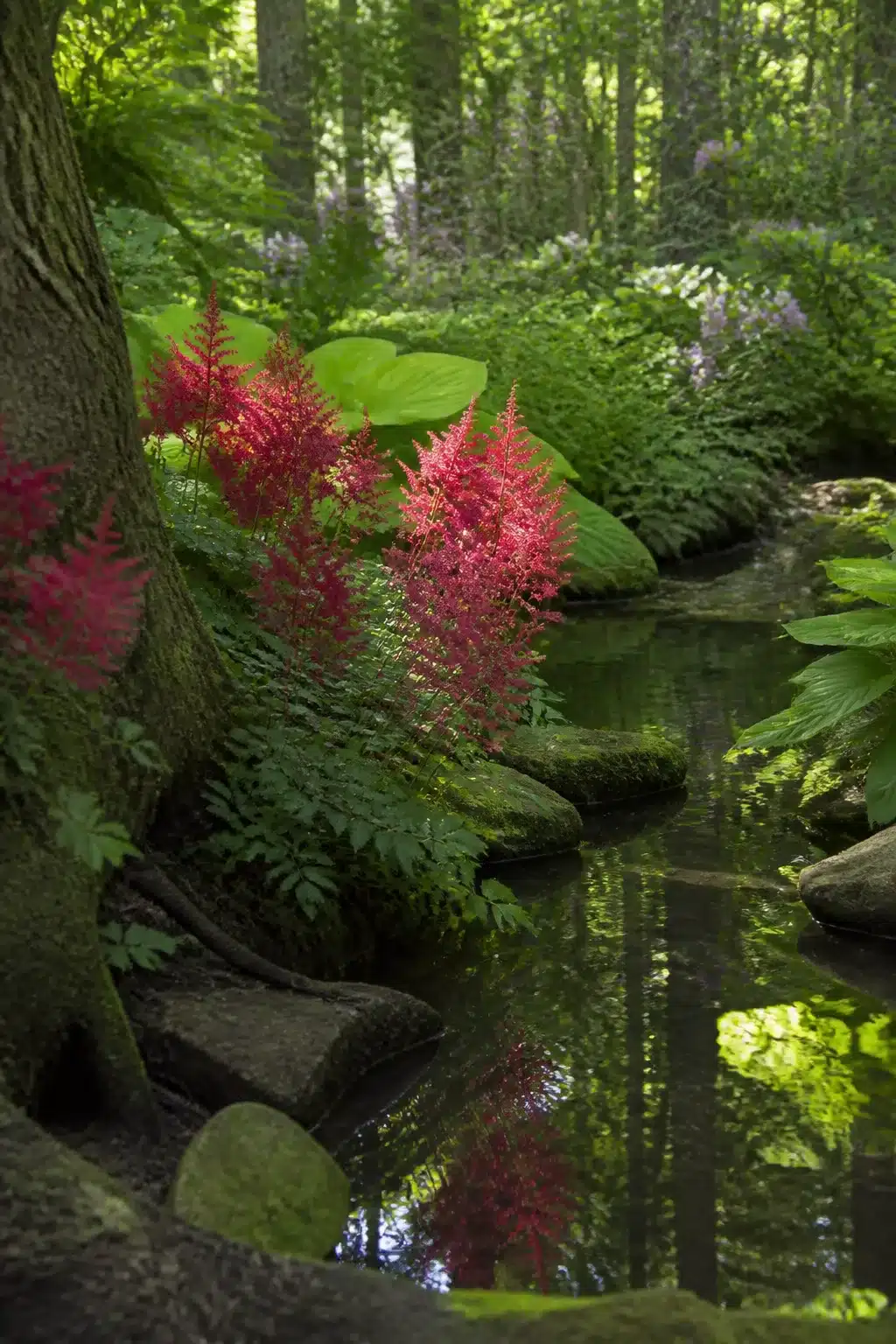 Red astilbe plumes beside a mossy woodland stream — woodland gardens with colorful flowers at their best.