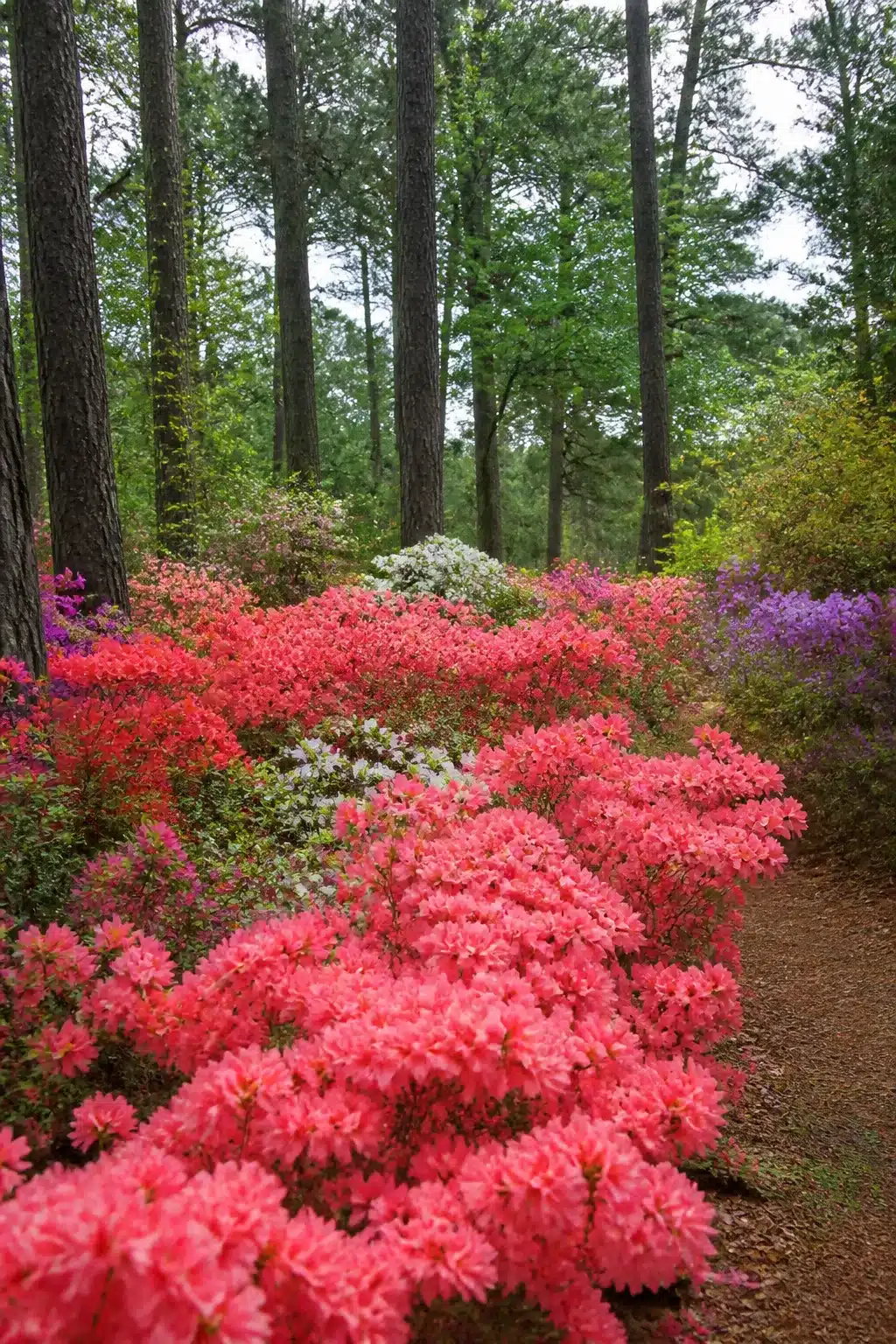 Coral azalea drifts lining a pine woodland path — woodland gardens with colorful flowers at peak spring bloom
