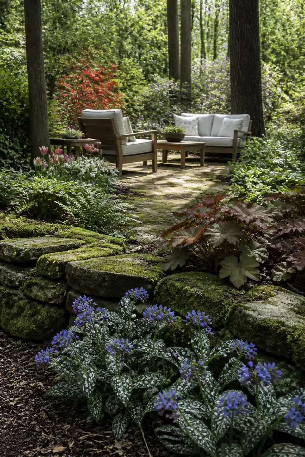 Woodland garden with colorful flowers — purple lungwort, heuchera, and moss-edged stone steps leading to a shaded seating area.