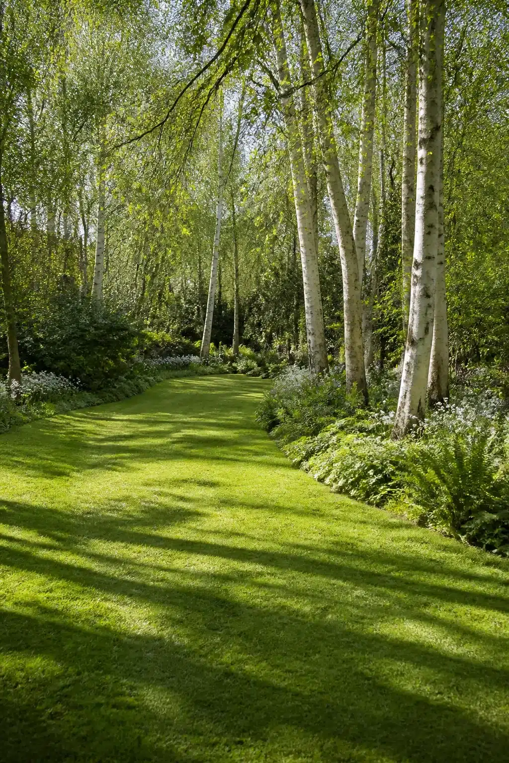 White birch trunks lining a fern-edged lawn in a woodland garden with lawns, dappled spring light