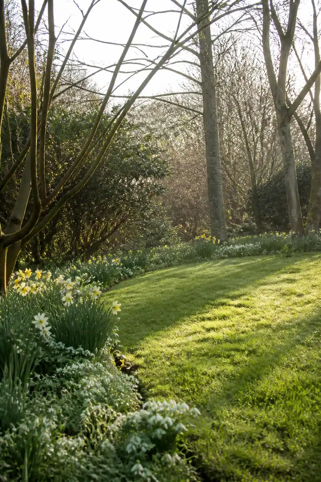 Woodland garden with lawn bordered by naturalized daffodils and snowdrops under bare trees in early spring.