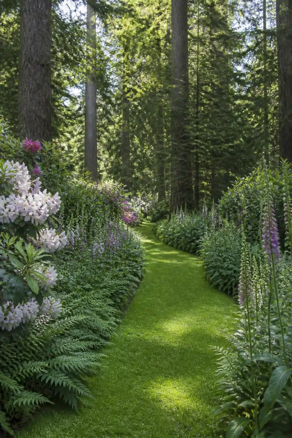 Narrow grass ribbon path through a foxglove-lined woodland garden with lawns and tall conifer trees