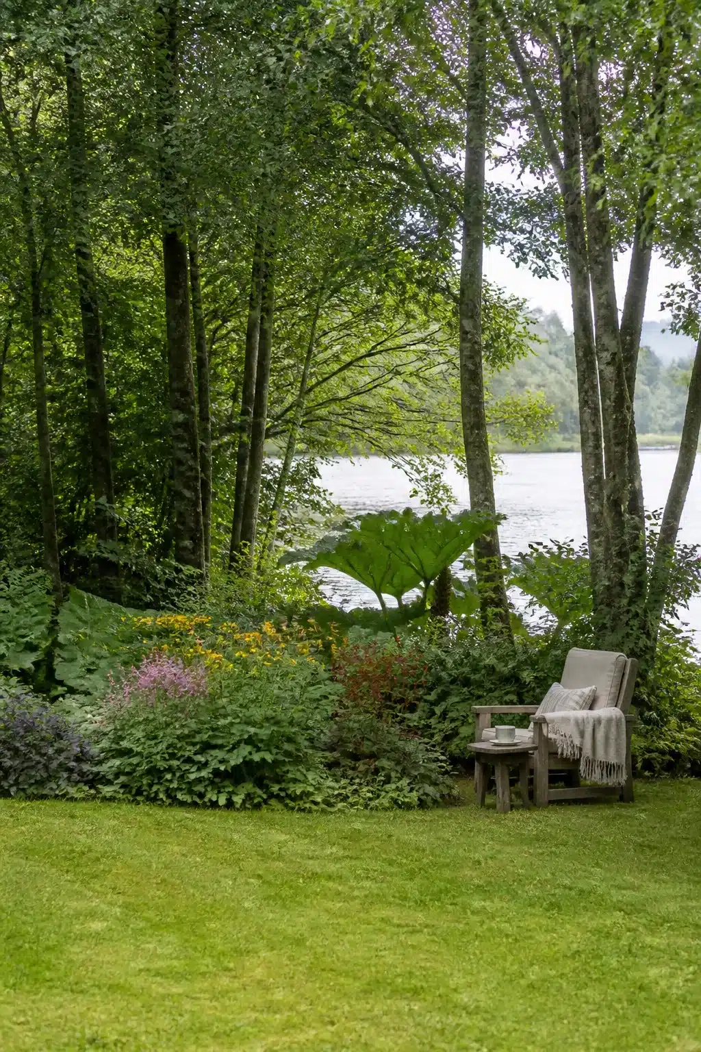 Wooden chair beside a lawn edge with giant bog leaf plants and layered woodland planting bordering a lake — woodland gardens with lawns