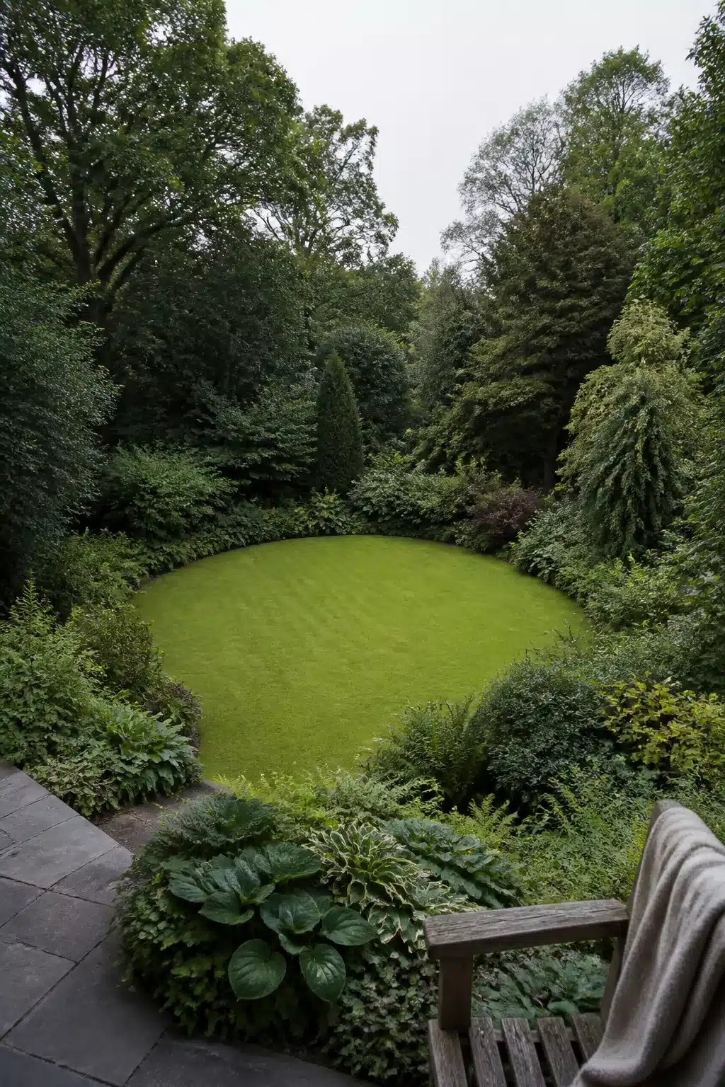 Circular lawn clearing surrounded by dense shrubs, ferns, and tall trees — woodland gardens with lawns idea