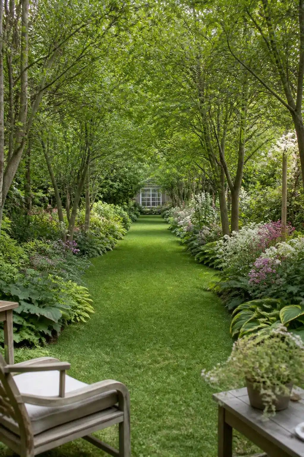 Long rectangular lawn corridor flanked by perennial woodland borders and arching trees — woodland gardens with lawns