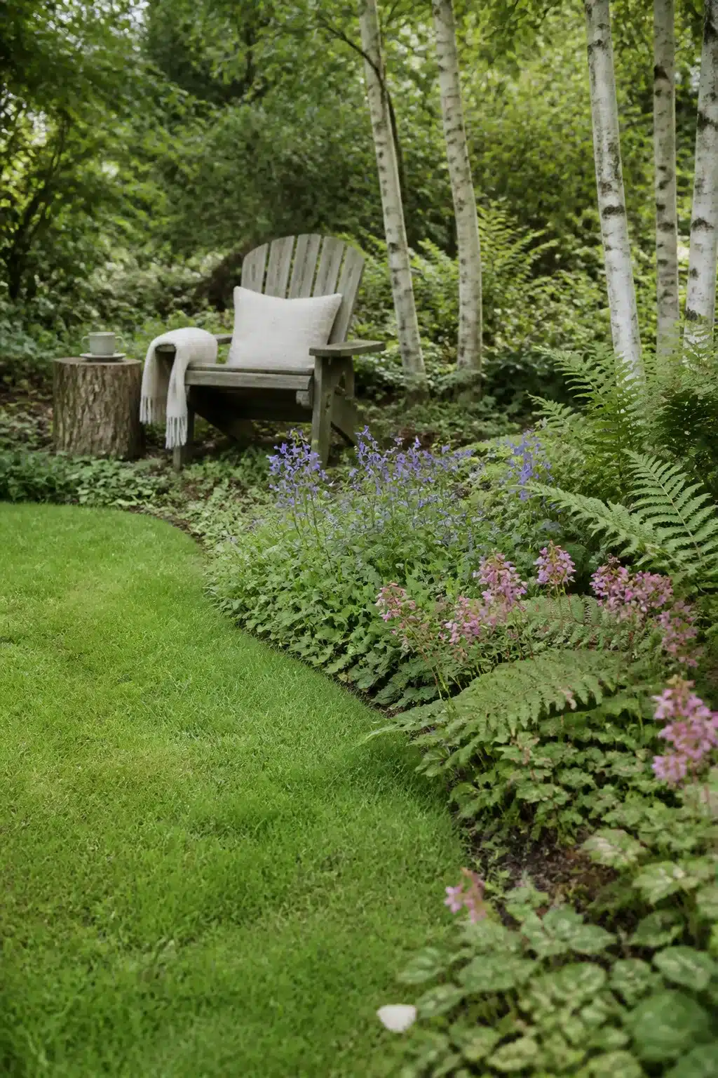 Curved lawn edge with fern and catmint border in a woodland garden with Adirondack chair seating nook.