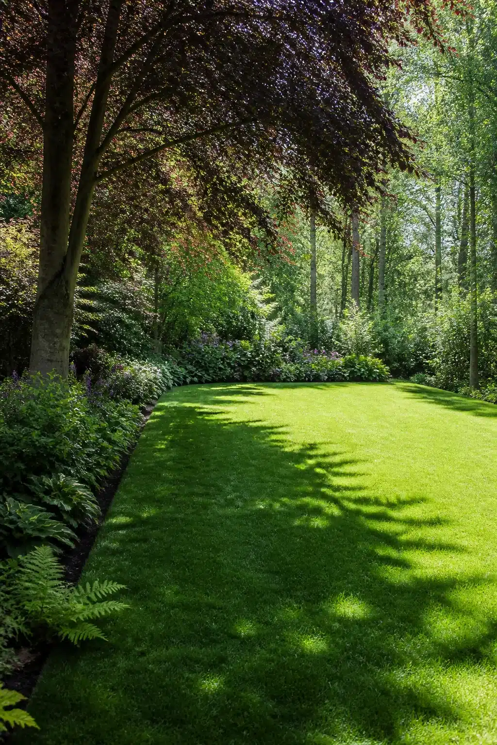 Formal lawn panel beneath purple beech canopy in a layered woodland garden with lawns and fern borders