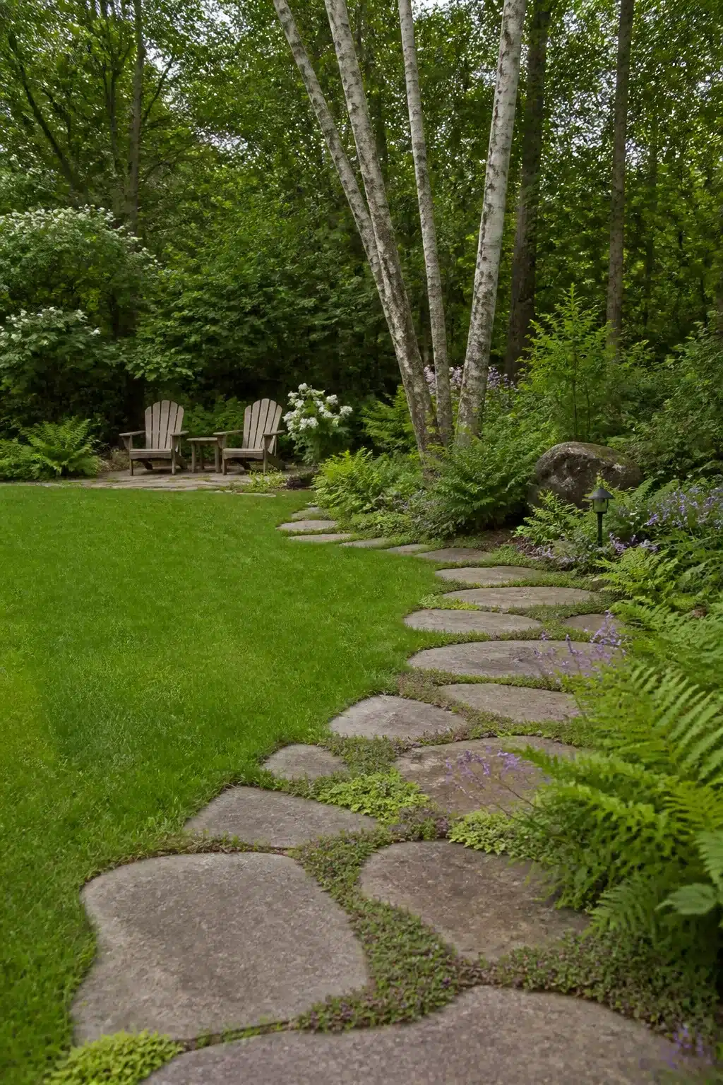 Stepping stone lawn path with thyme ground cover in a woodland garden with lawn, ferns, and birch trees.