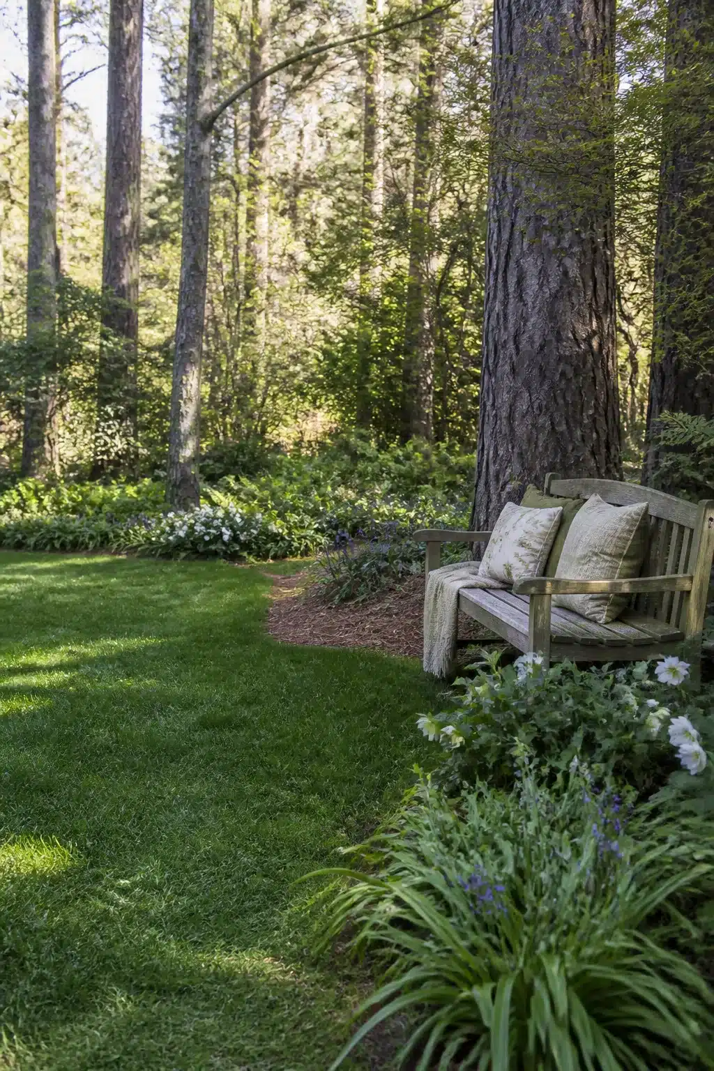 Shaded woodland garden with lawn, pine trees, and a wooden bench with cushions — woodland gardens with lawns idea.